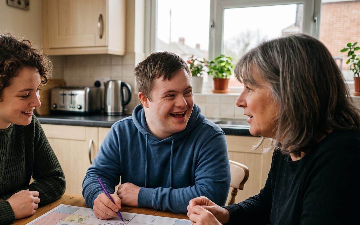 A young man at home with family and a support worker