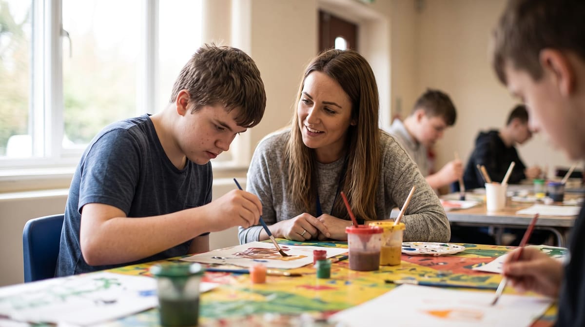 A young person painting at an activity table with a support worker alongside