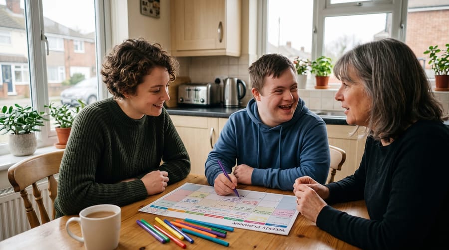 A young man, his mother and a support worker planning the stay together at the kitchen table