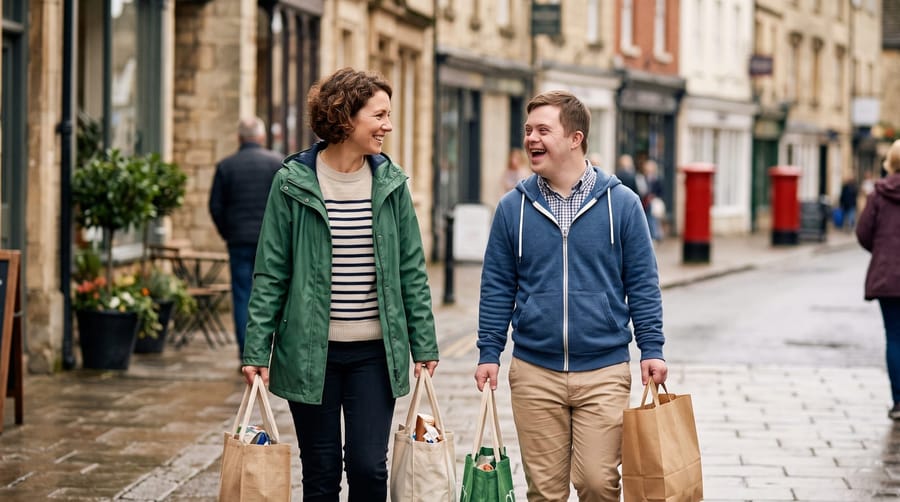 A young man and a support worker out together in the local community