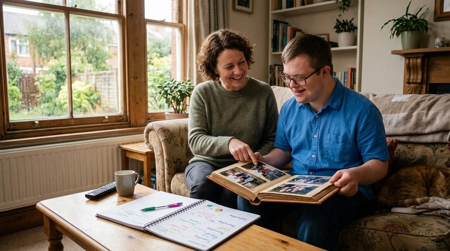 A young man and a support worker looking through photos together during a stay
